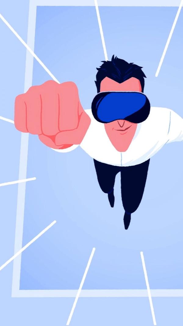 Man flying through space with virtual headset on 