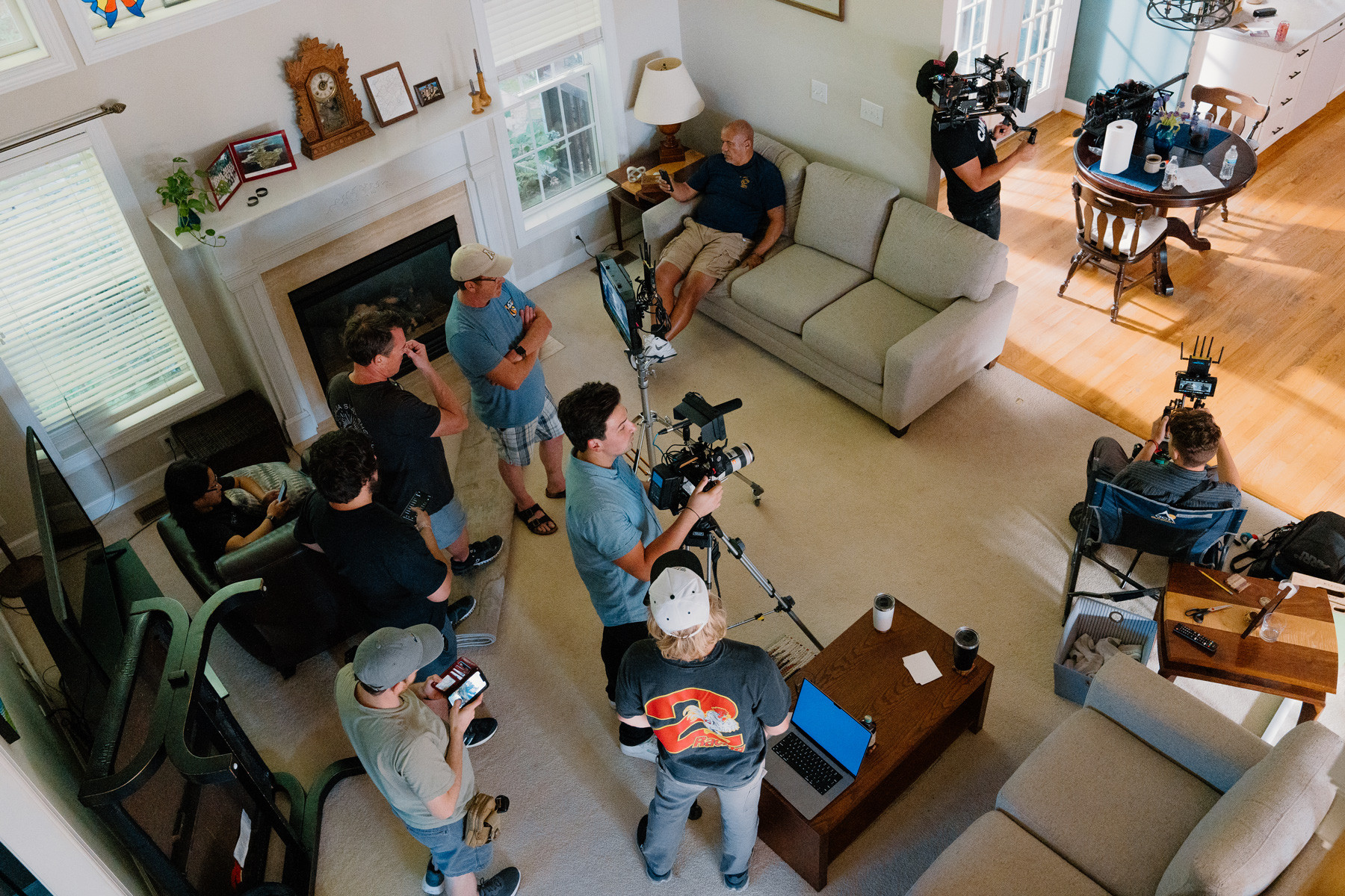 Overhead shot of the film crew in action