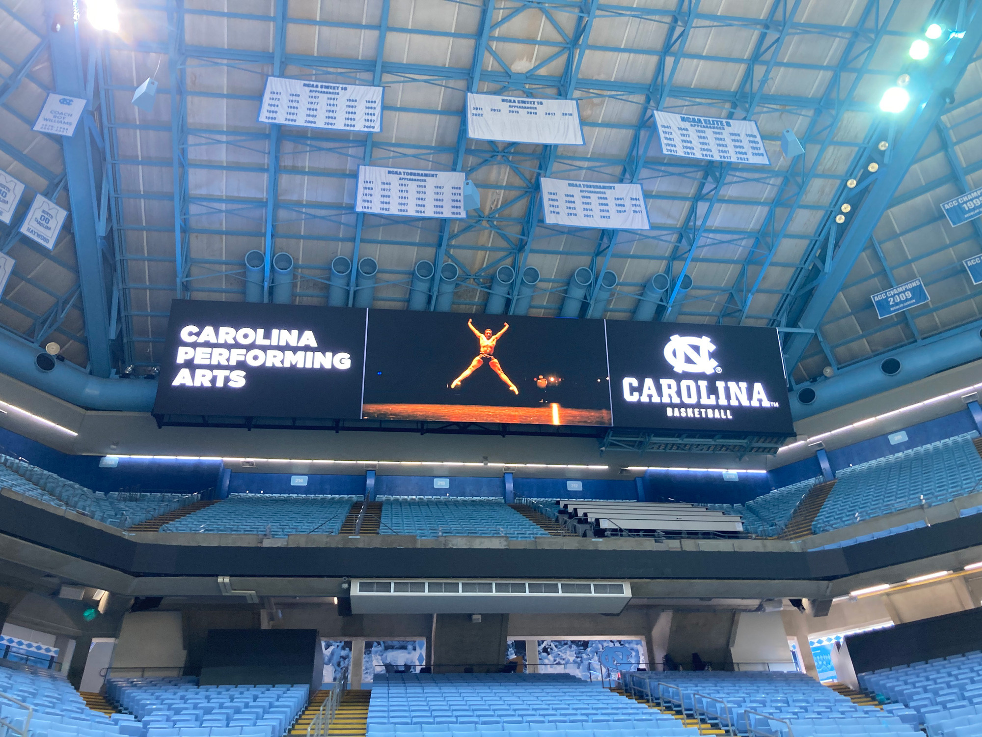 The Carolina Performing Arts Video playing at UNC’s Dean Smith Center
