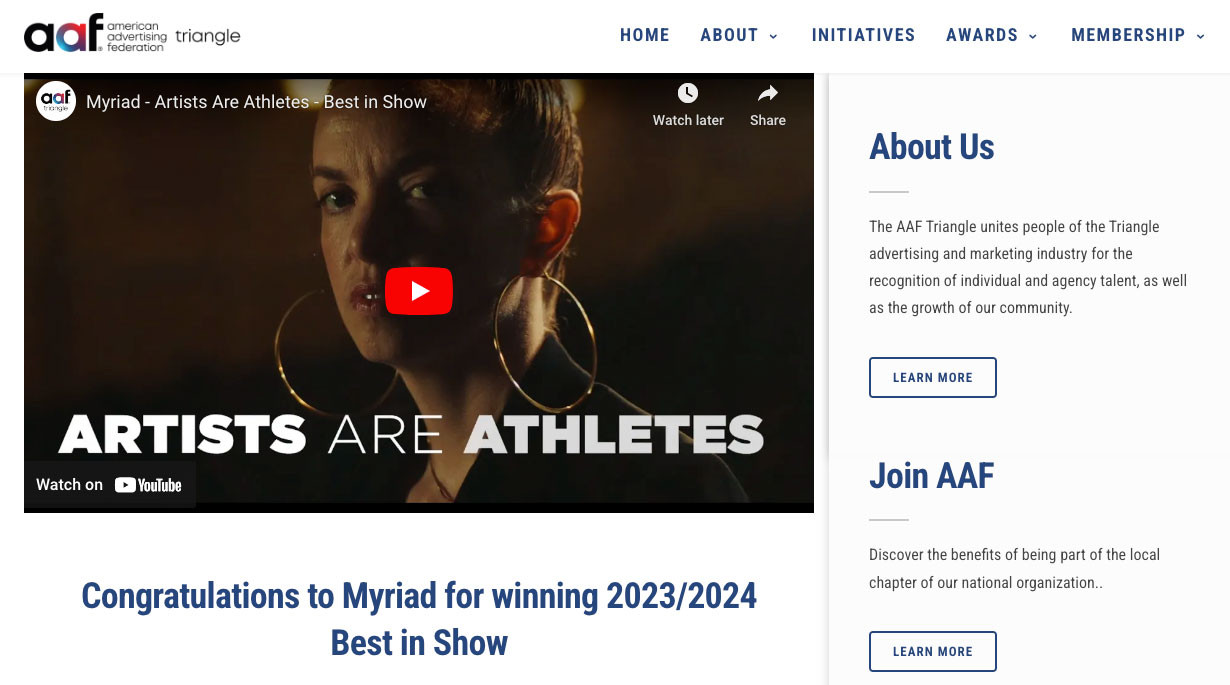 Screenshot of the AAF awards website